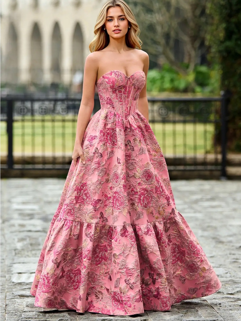 NWT Sherri Hill 57515 Inspired Pink Brocade Ball Gown w/ Pockets - Picture 7 of 10